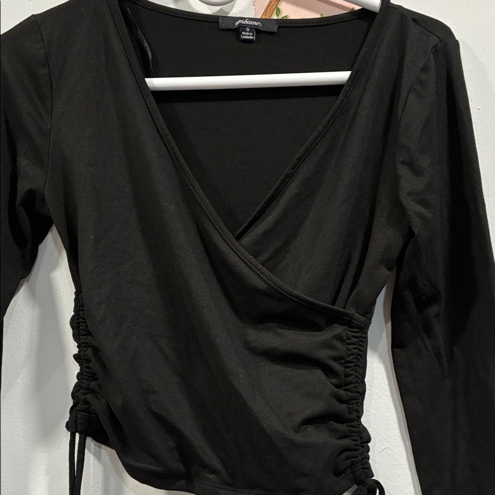 Ambiance Black Ruched Wrap Blouse